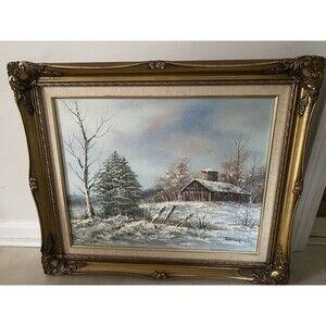 Vintage Oil Painting On Canvas Barn House Snow Field Trees Signed Rozario 26"x22